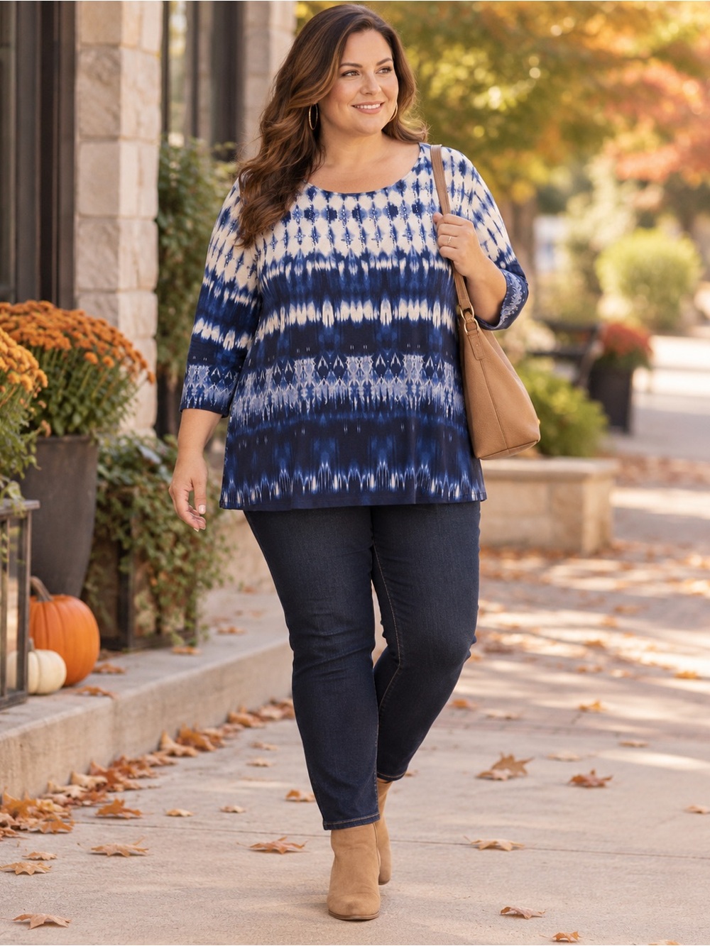 NWT Allison Daley Blue White Ikat Ombre Embellished Stretch Tunic Top Blouse 3X